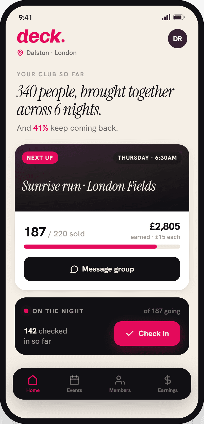 The same club in the Deck app, showing the next run and check-in.