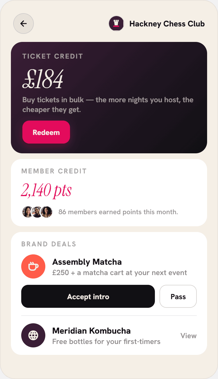 An organiser’s Deck earnings: £184 of ticket credit, 2,140 member points and two brand deals waiting.