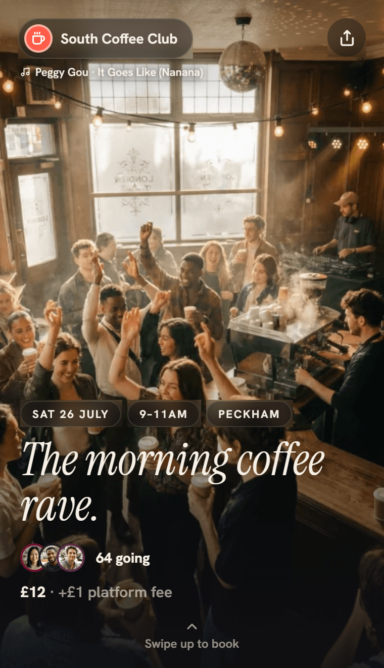 A Deck event page: The morning coffee rave, Sat 26 July in Peckham, 64 going, £12 plus a £1 platform fee.